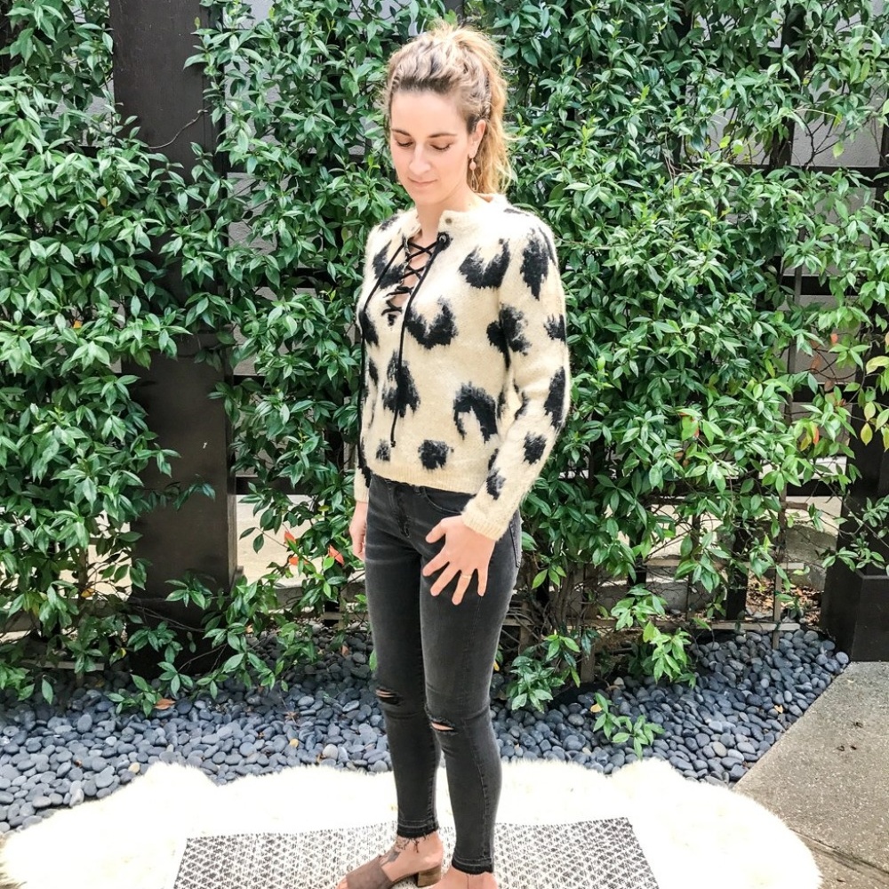 Animal Print Sweater w/ lace up front!